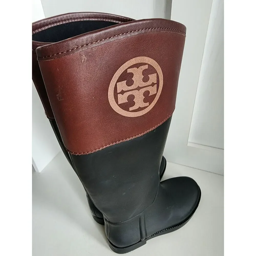 Tory Burch Diana Tall Rubber Rain Boots Womens Size‎ 6 Logo Black Brown Logo